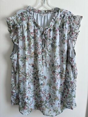 Autres Filles Floral Ruffle-Sleeve Tie-Neck Blouse in Light Blue